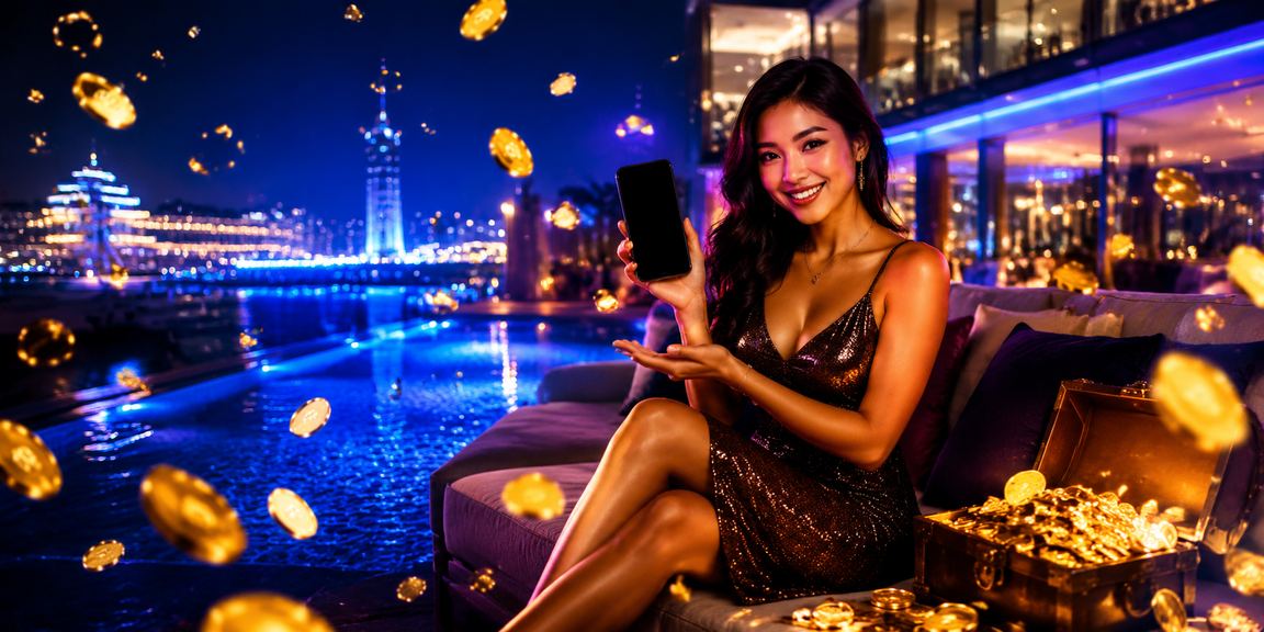 Perempuan memainkan aplikasi casino di ponsel sambil duduk santai di luar ruangan