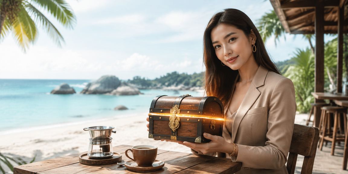 Perempuan menikmati sesi taruhan kasino online sambil minum kopi di kafe yang nyaman