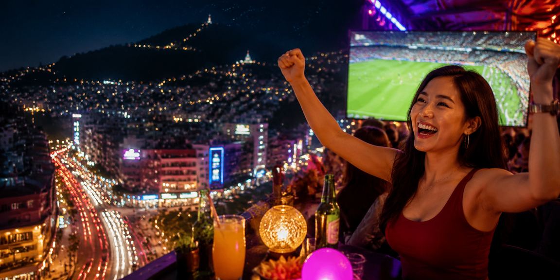 Suasana hiburan kasino dengan lampu neon warna-warni menciptakan atmosfer malam yang seru