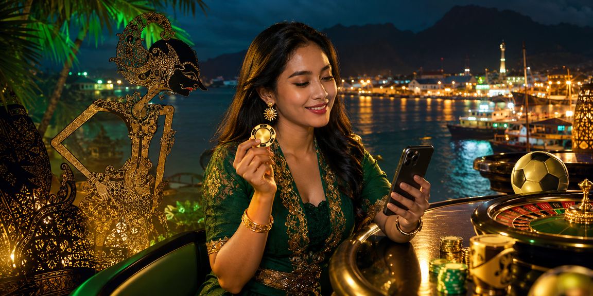 Suasana festival yang ceria dengan orang-orang memainkan kasino mobile di tengah keramaian