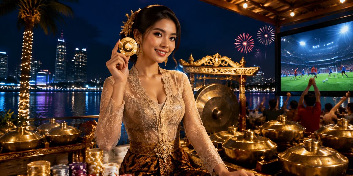 Model wanita tersenyum sambil memainkan slot game di depan layar penuh warna cerah